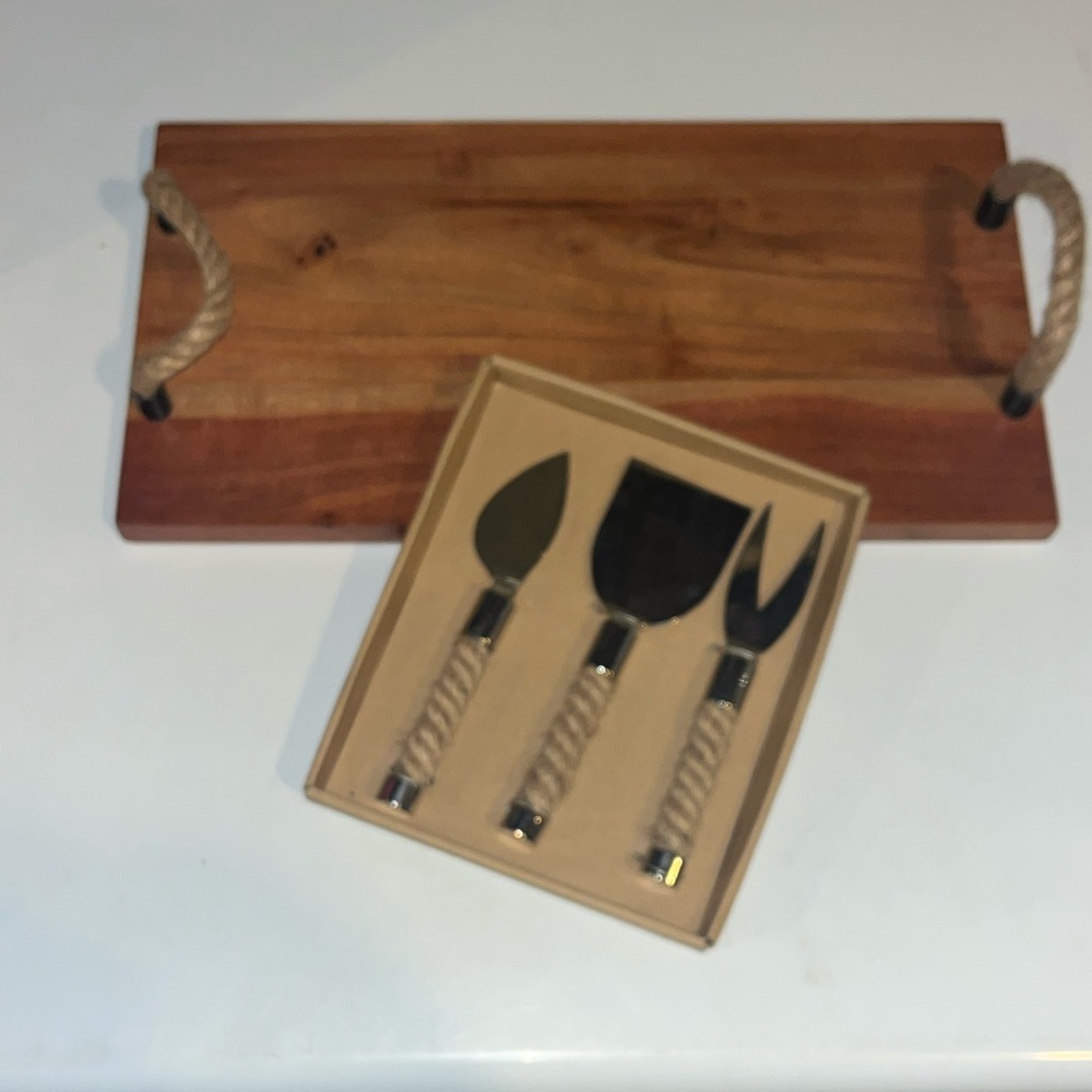 Thirstystone 3pc Rope Handled Cheese Knife Set W/ Wood Serving Plater by Cellar